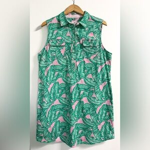 Vineyard Vines Palm Leaf Shirt Dress Size 14 Pink Green Sleeveless Vacation Wear